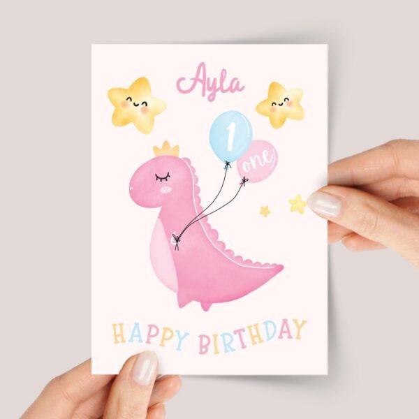 First Birthday Card with Pink Dinosaur for Baby Girl Turning One