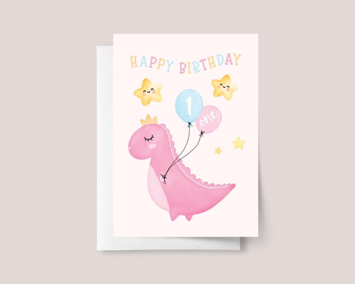 First Birthday Card with Pink Dinosaur for Baby Girl Turning One First Birthday Card with Pink Dinosaur for Baby Girl Turning One