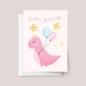 First Birthday Card with Pink Dinosaur for Baby Girl Turning One First Birthday Card with Pink Dinosaur for Baby Girl Turning One