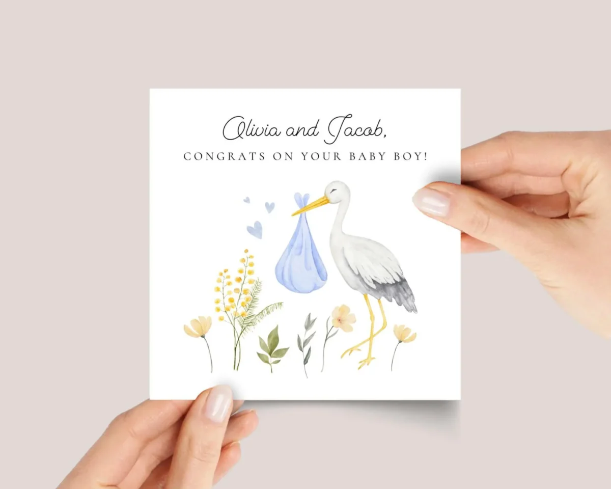 Personalized Baby Shower Card for New Parents of Baby Boy, Stork - Image 1 Personalized Baby Shower Card for New Parents of Baby Boy, Stork