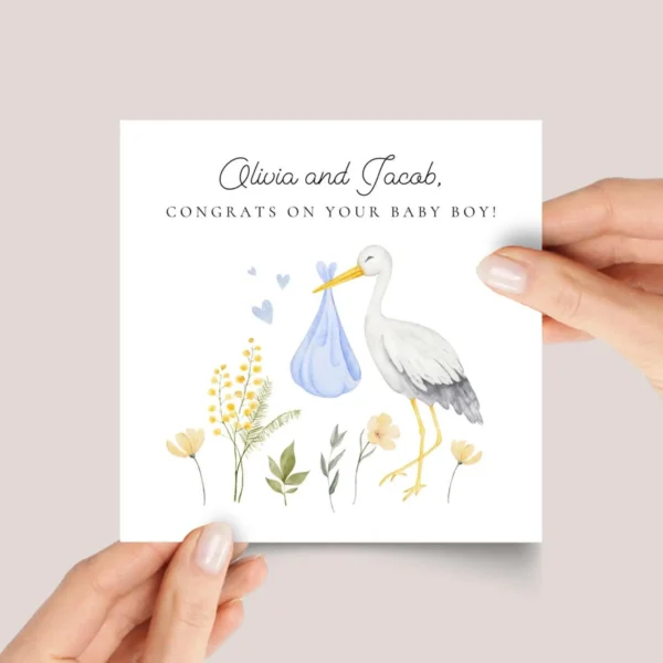 Personalized Baby Shower Card for New Parents of Baby Boy, Stork