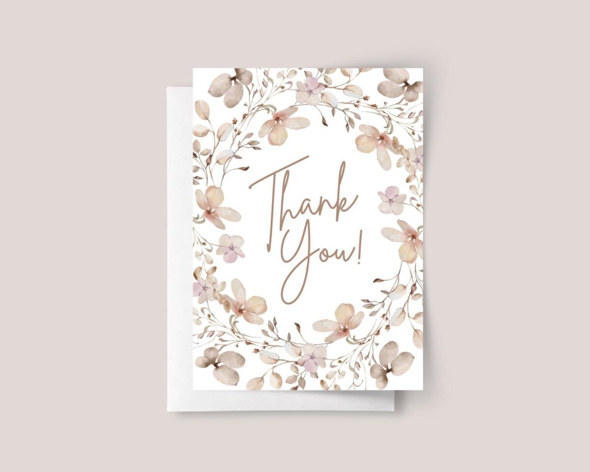 Floral Thank You Card With Dried Flowers, 5 x 7 Greeting Card and Envelope