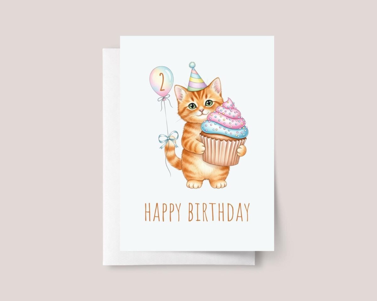 Personalized 2nd Birthday Card for Kids Turning Two with Cat Holding Cupcake