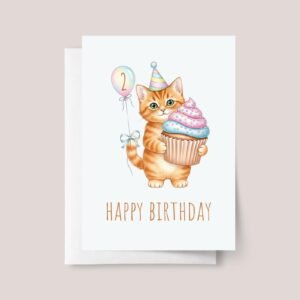 Personalized 2nd Birthday Card for Kids Turning Two with Cat Holding Cupcake