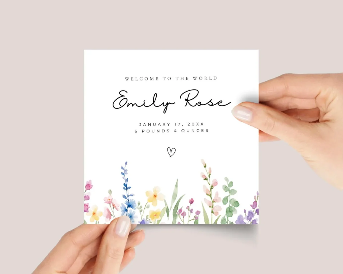Personalized Baby Shower Card for Newborn Girl With Watercolor Wildflowers