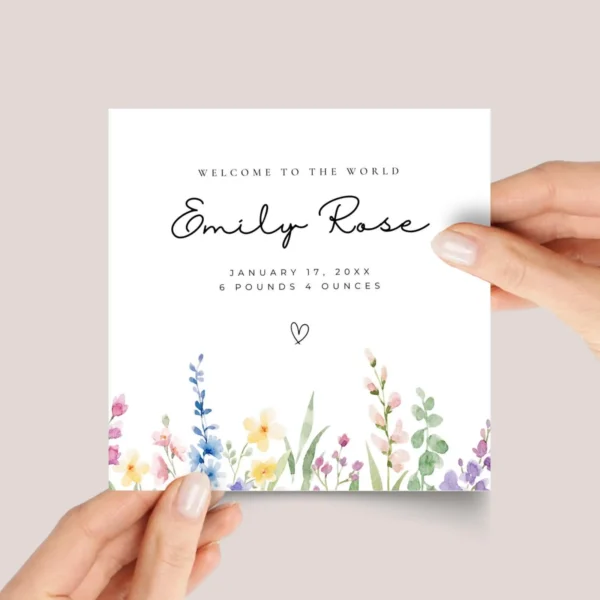 Personalized Baby Shower Card for Newborn Girl With Watercolor Wildflowers - Image 1 Personalized Baby Shower Card for Newborn Girl With Watercolor Wildflowers