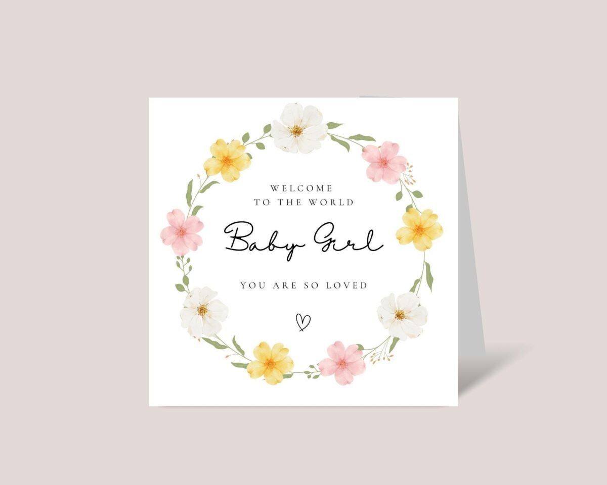 Personalized Baby Shower Card for Newborn Girl With Flower Wreath