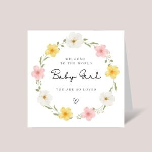 Personalized Baby Shower Card for Newborn Girl With Flower Wreath
