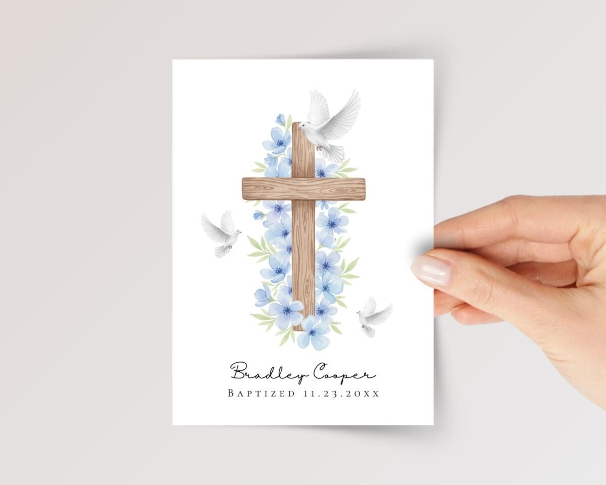 Personalized Baptism Card with Cross and Blue Flowers