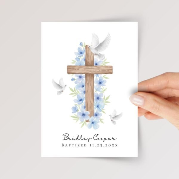 Personalized Baptism Card with Cross and Blue Flowers - Image 1 Personalized Baptism Card with Cross and Blue Flowers
