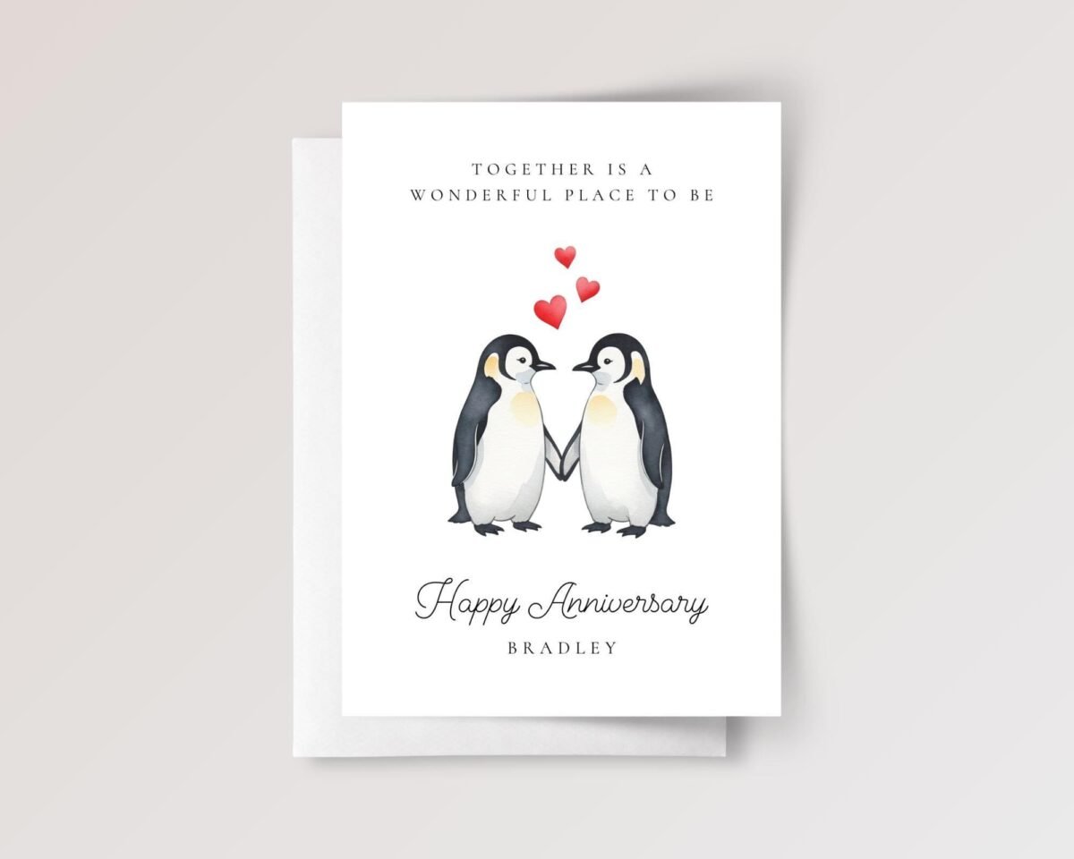 Personalized Anniversary Card for Husband or Wife with Penguins