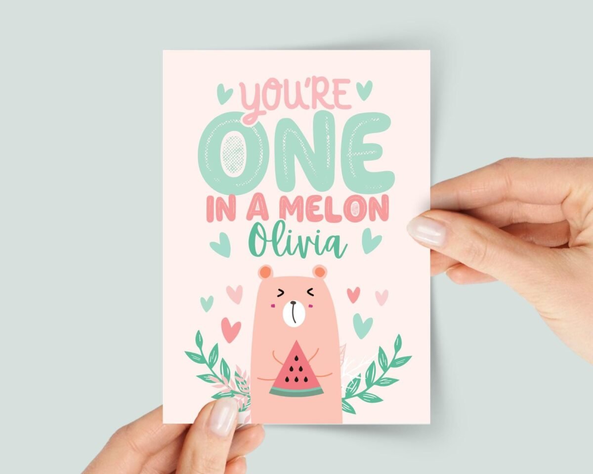 First Birthday Card for Baby Turning One with Bear, Watermelon
