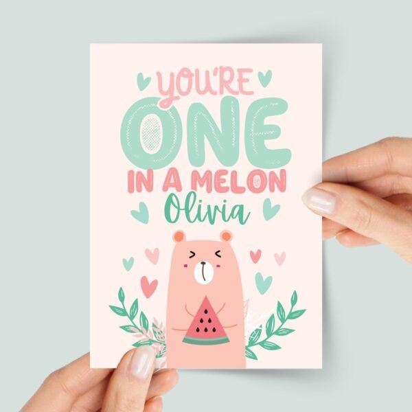 First Birthday Card for Baby Turning One with Bear, Watermelon