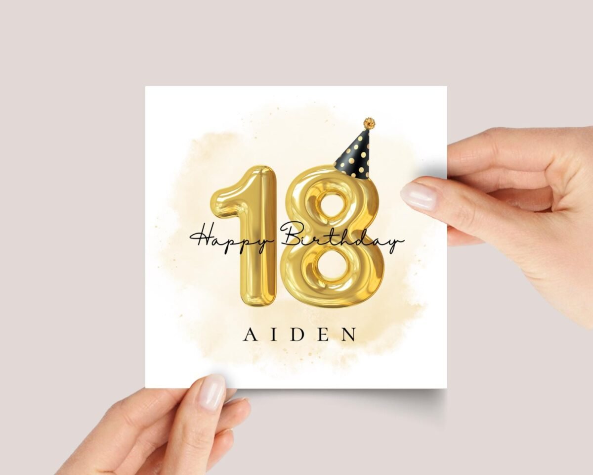 Personalized 18th Birthday Card with Gold Number Balloons for Teen Adult - Image 1 Personalized 18th Birthday Card with Gold Number Balloons for Teen Adult