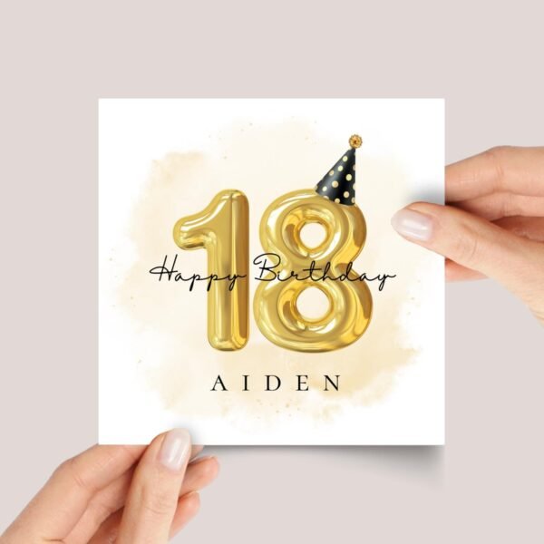 Personalized 18th Birthday Card with Gold Number Balloons for Teen Adult