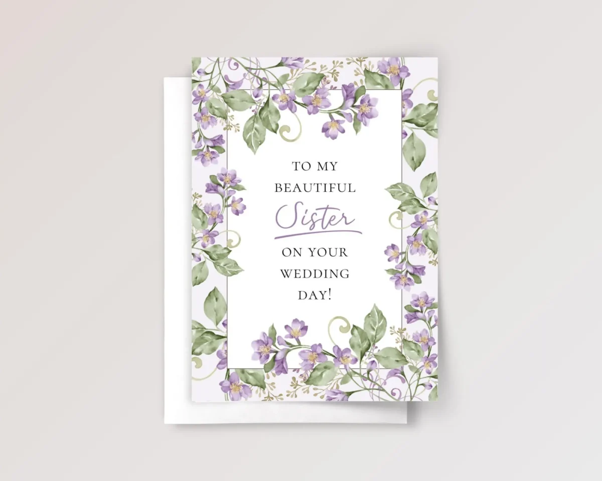 Wedding Card for Sister with Purple Floral Vine - Image 1 Wedding Card for Sister with Purple Floral Vine