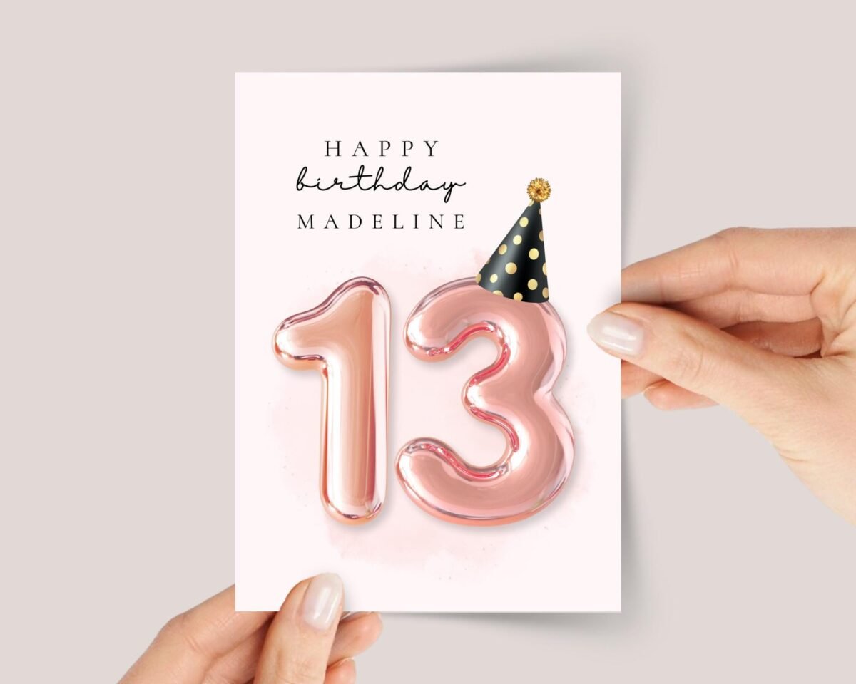 Personalized 13th Birthday Card for Teen Daughter with Rose Gold Balloons
