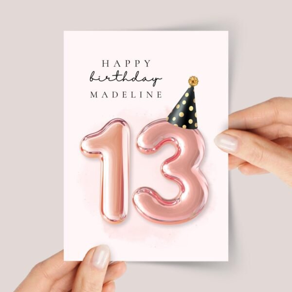 Personalized 13th Birthday Card for Teen Daughter with Rose Gold Balloons