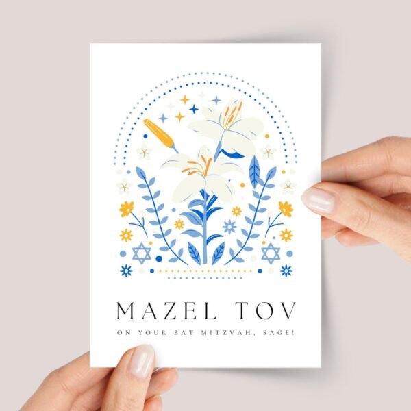 Personalized Bat Mitzvah Card With White Lilies for Girls Turning 12 - Image 1 Personalized Bat Mitzvah Card With White Lilies for Girls Turning 12