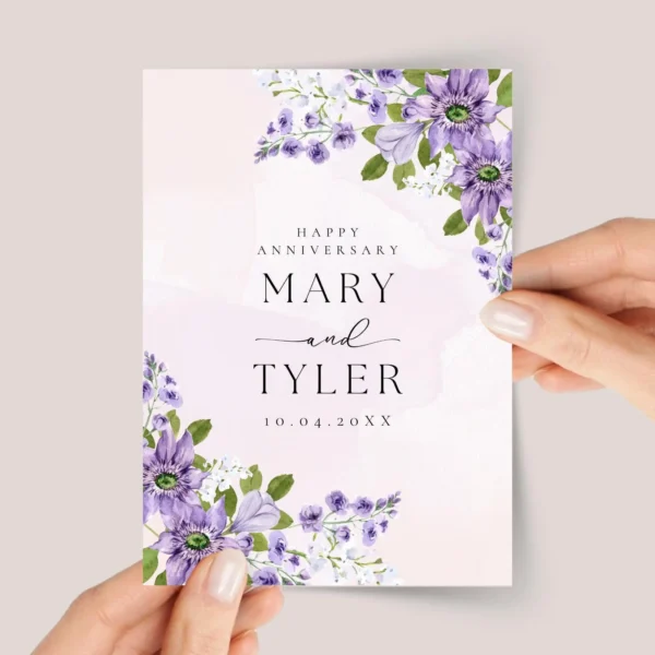 Personalized Anniversary Card for Couple With Purple Flowers