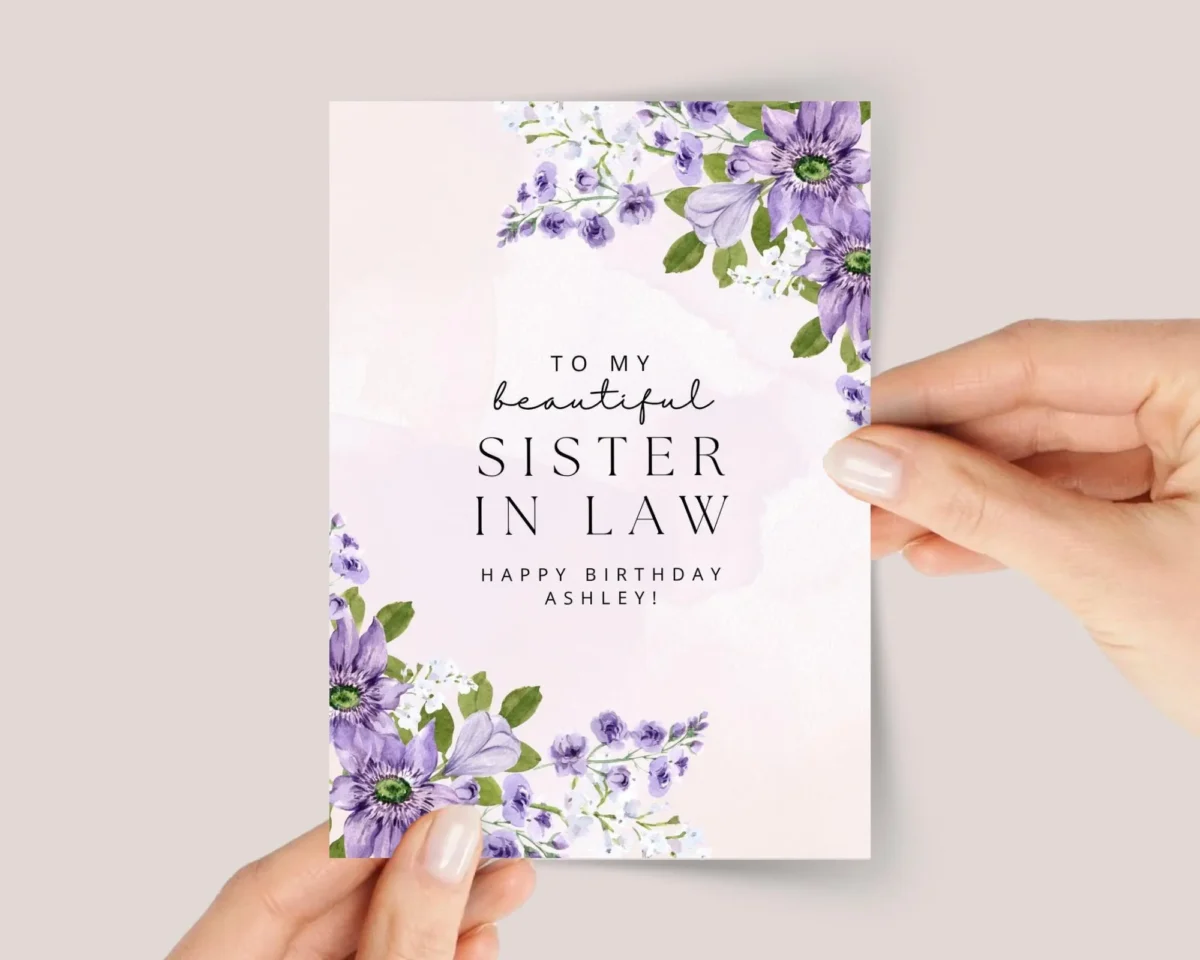 Personalized Birthday Card for Sister in Law With Purple Flowers