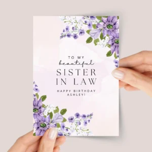 Personalized Birthday Card for Sister in Law With Purple Flowers