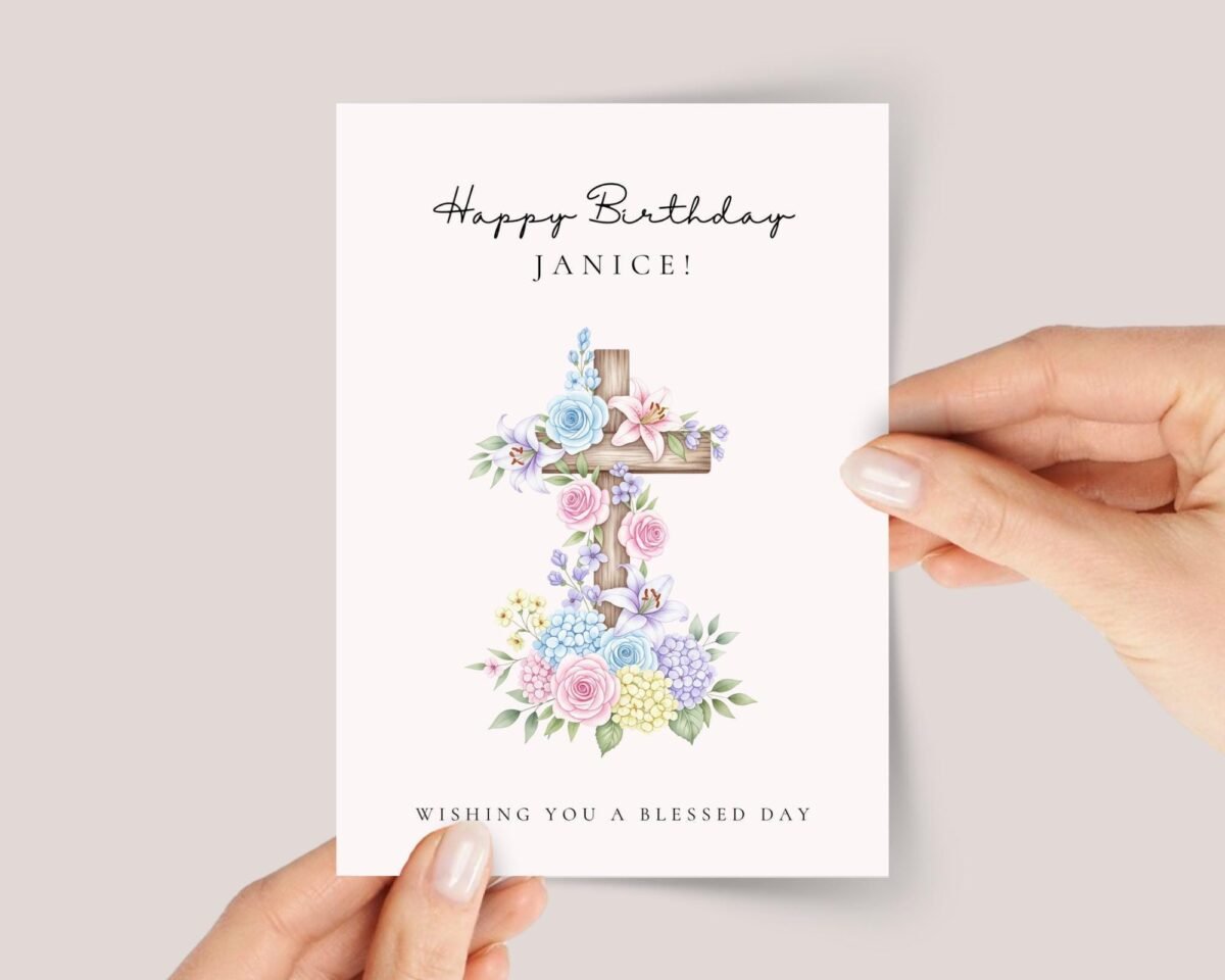 Christian Birthday Card with Cross and Flowers