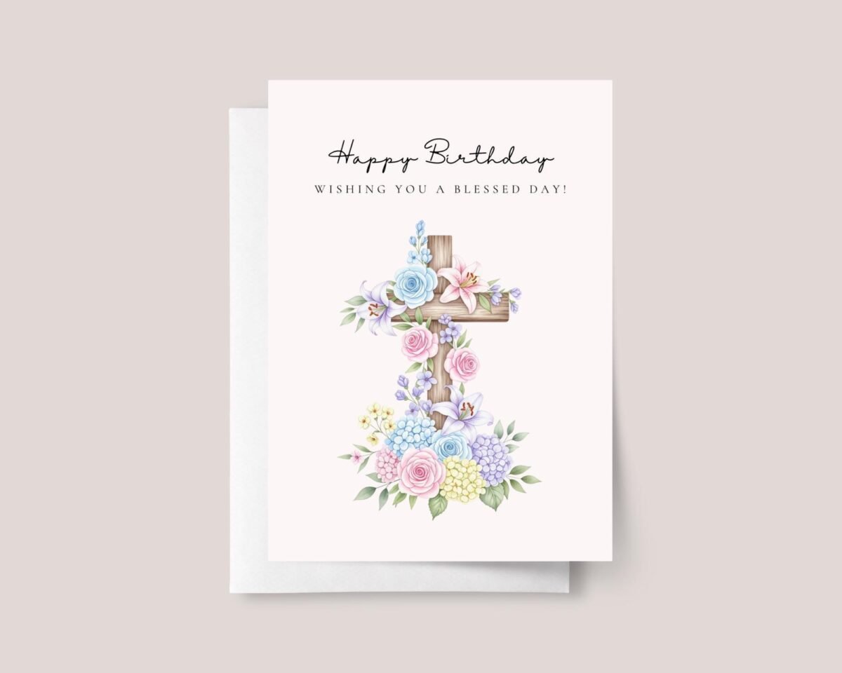 Christian Birthday Card with Cross and Flowers