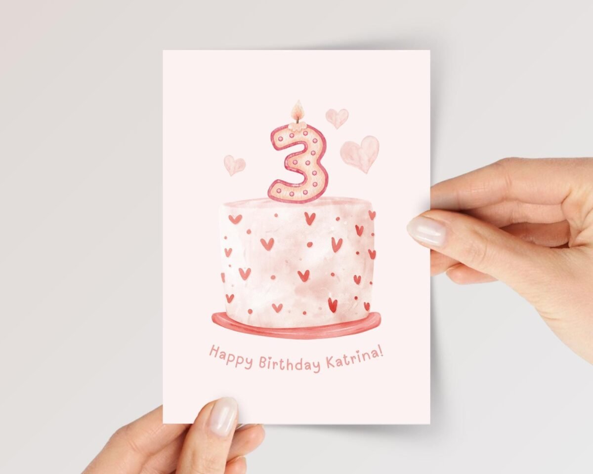 Personalized 3rd Birthday Card for Daughter/Granddaughter with Pink Cake and Three Candle