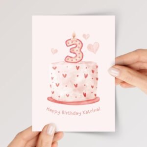 Personalized 3rd Birthday Card for Daughter/Granddaughter with Pink Cake and Three Candle