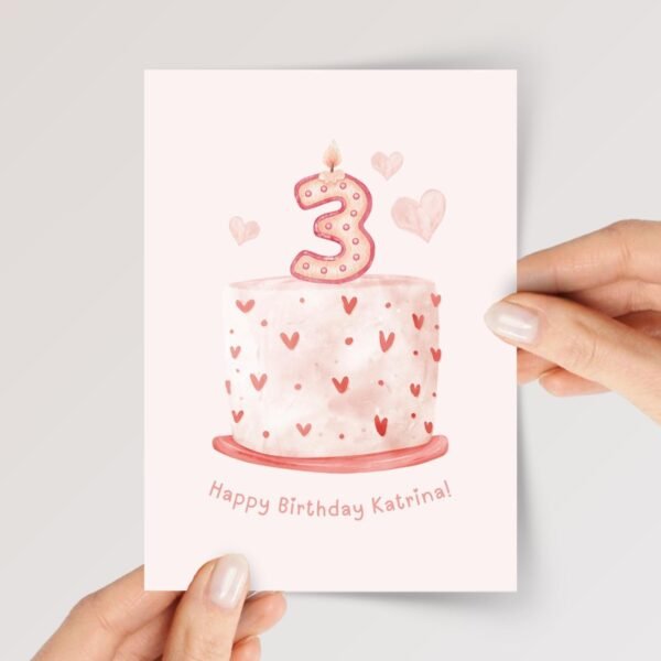 Personalized 3rd Birthday Card for Daughter/Granddaughter with Pink Cake and Three Candle