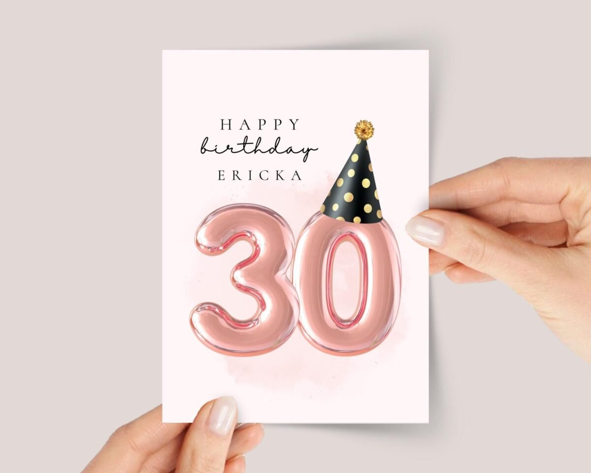 Personalized 30th Birthday Card for Wife/Husband, Daughter/Son with Rose Gold Number Balloons