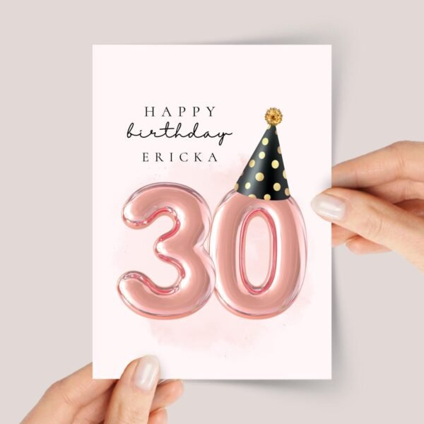 Personalized 30th Birthday Card for Wife/Husband, Daughter/Son with Rose Gold Number Balloons