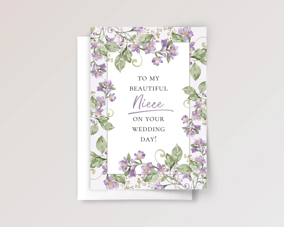 Wedding Card for Niece with Purple Flowers and Vines - Image 1 Wedding Card for Niece with Purple Flowers and Vines
