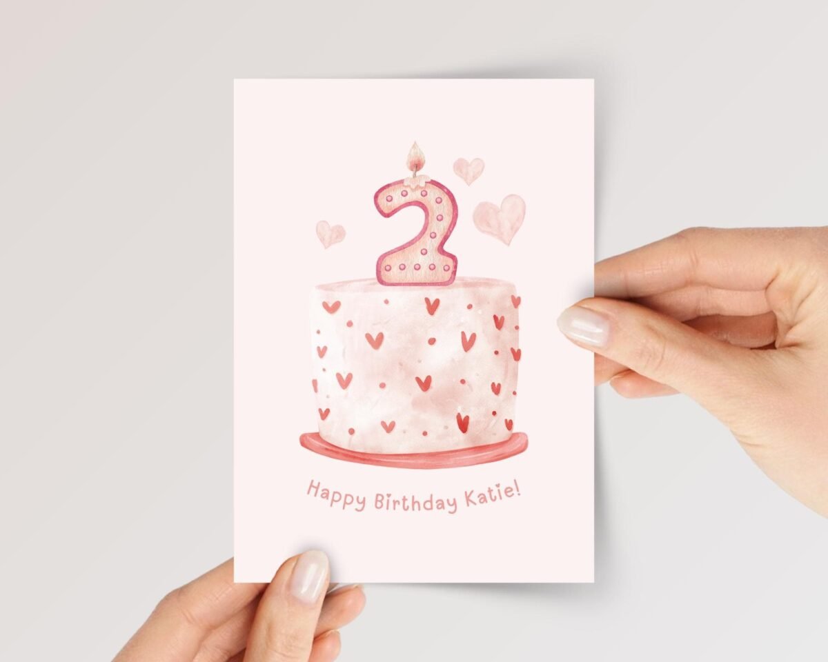 Personalized 2nd Birthday Card for Girl Turning Two with Cake and Candle