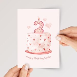 Personalized 2nd Birthday Card for Girl Turning Two with Cake and Candle