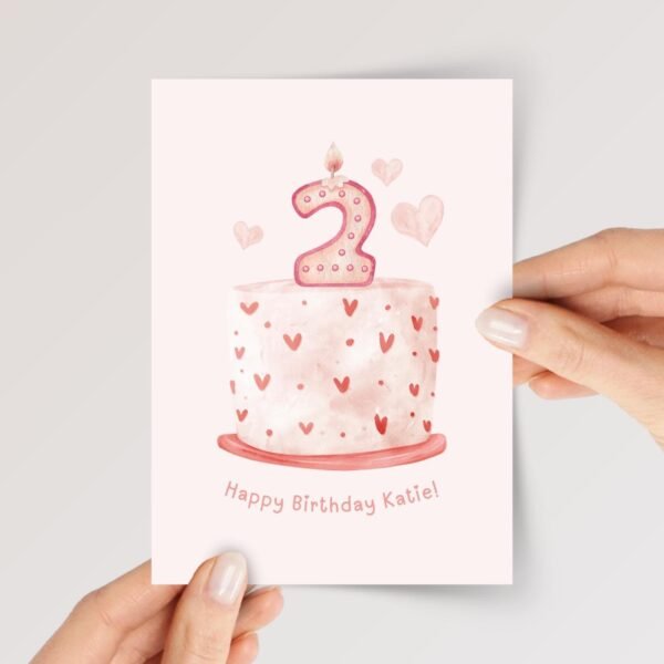 Personalized 2nd Birthday Card for Girl Turning Two with Cake and Candle