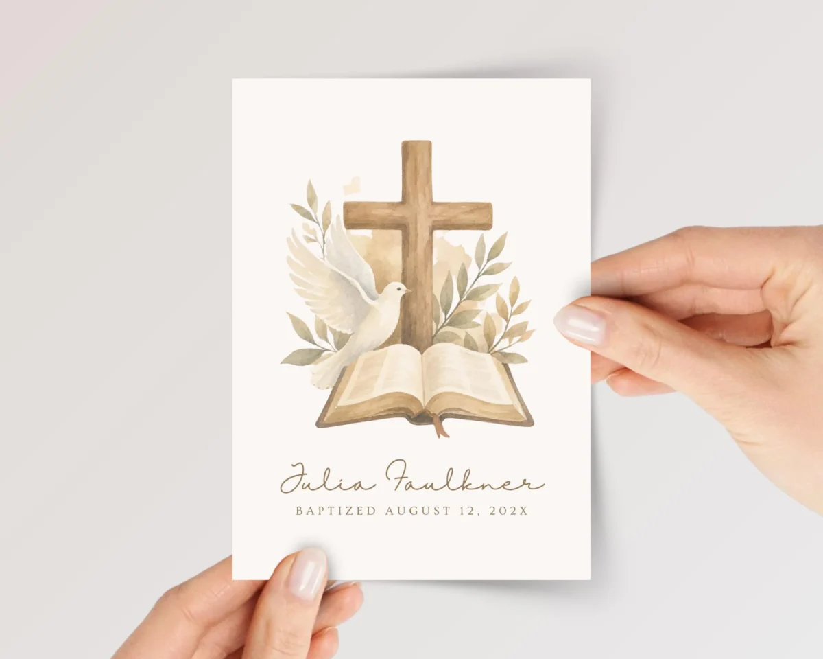 Personalized Baptism Card with Cross and Bible for Daughter/Granddaughter