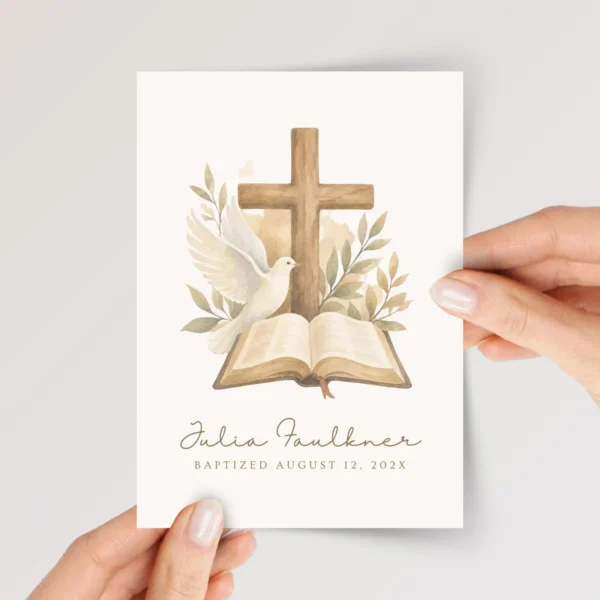 Personalized Baptism Card with Cross and Bible for Daughter/Granddaughter