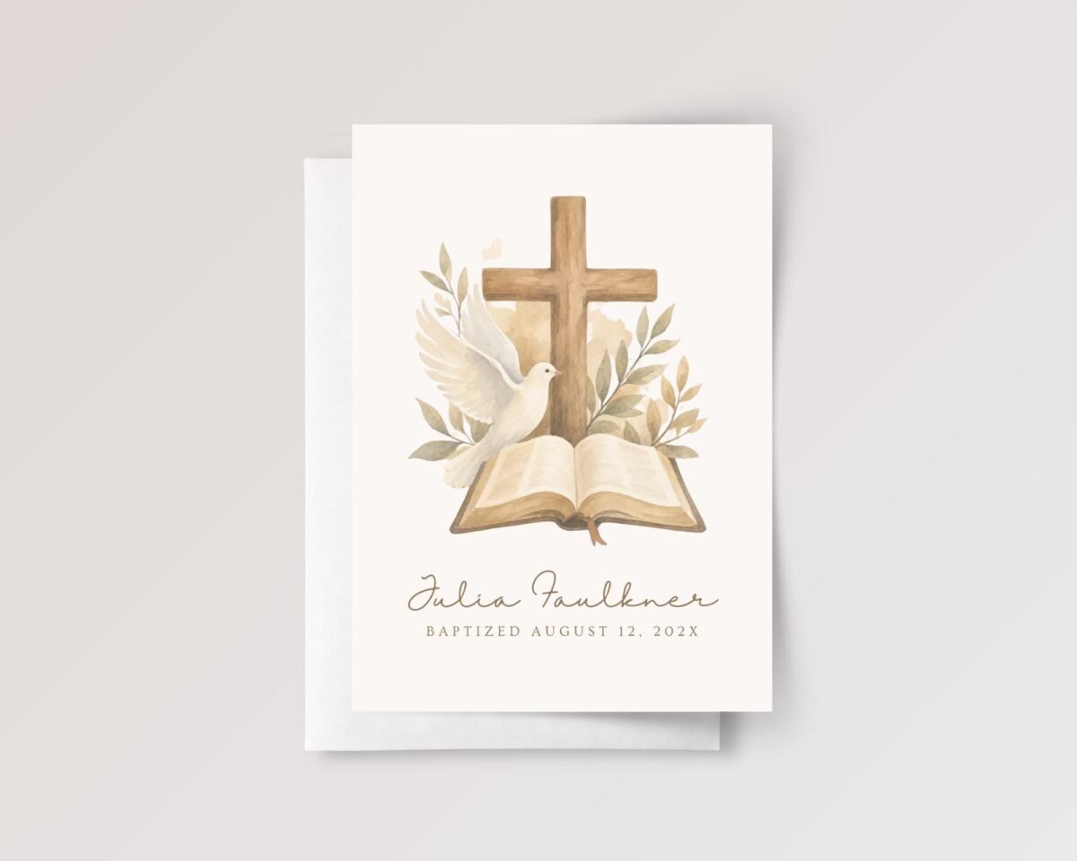 Personalized Baptism Card with Cross and Bible for Daughter/Granddaughter