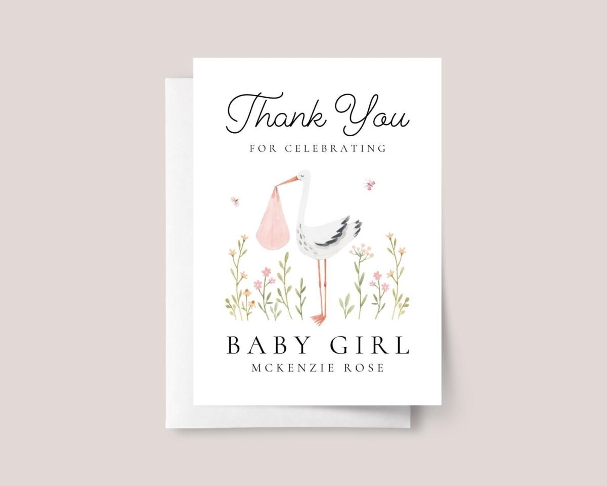 Thank You Card for Baby Shower Gift | Newborn Girl, Stork