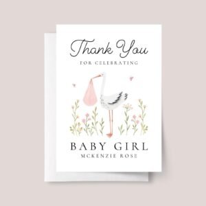 Thank You Card for Baby Shower Gift | Newborn Girl, Stork