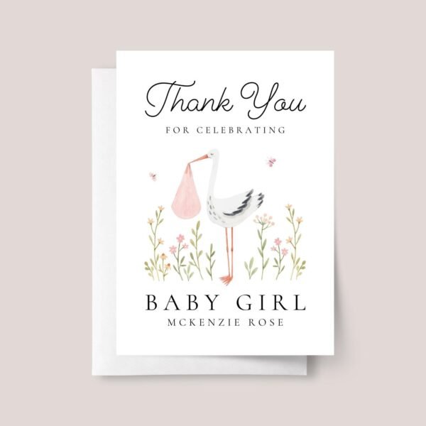 Thank You Card for Baby Shower Gift | Newborn Girl, Stork