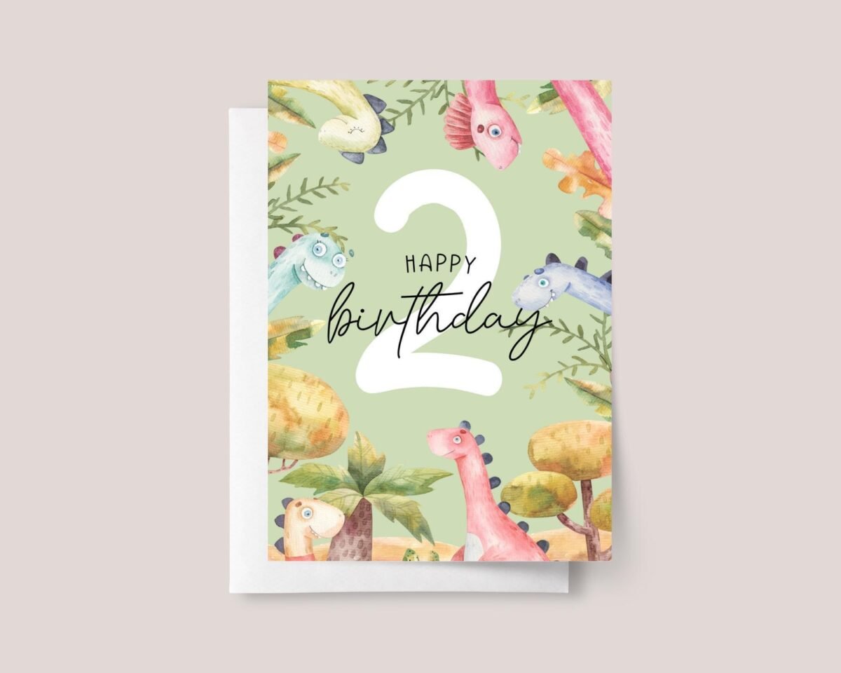 Dinosaur 2nd Birthday Card for Toddlers Turning Two