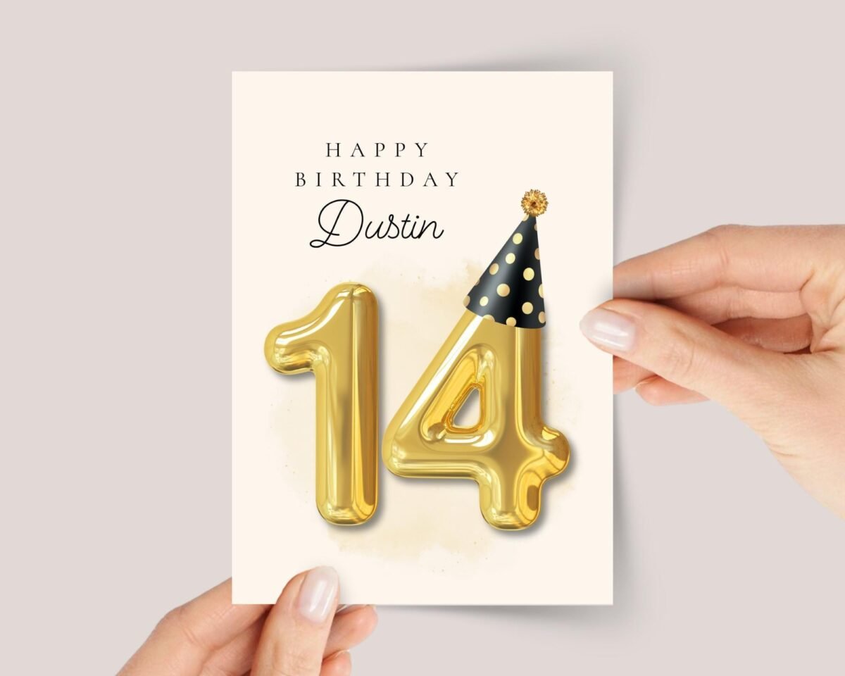 Personalized 14th Birthday Card for Teen with Gold Number Balloons - Image 1 Personalized 14th Birthday Card for Teen with Gold Number Balloons