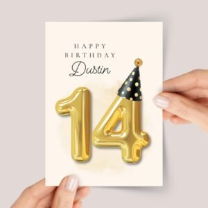 Personalized 14th Birthday Card for Teen with Gold Number Balloons