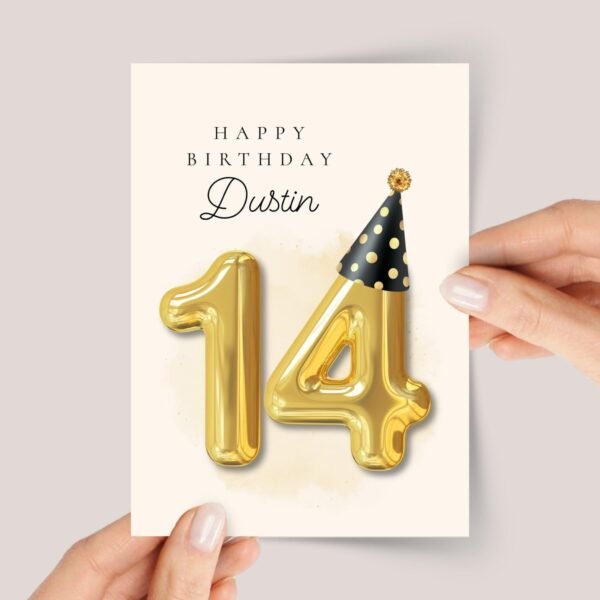 Personalized 14th Birthday Card for Teen with Gold Number Balloons