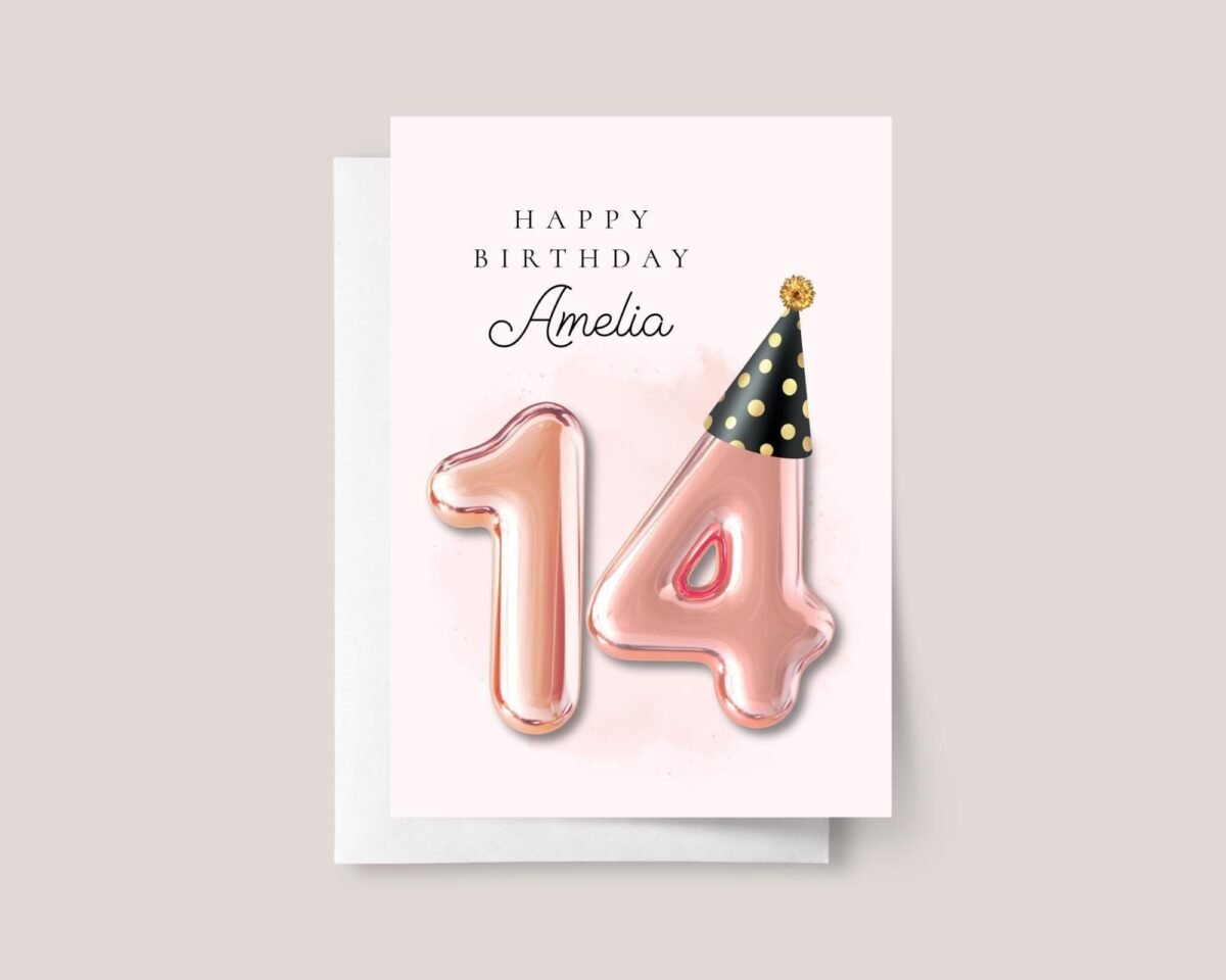Personalized 14th Birthday Card for Teen with Gold Number Balloons
