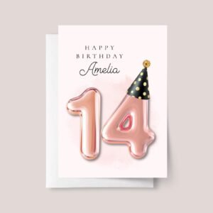 Personalized 14th Birthday Card for Teen with Gold Number Balloons