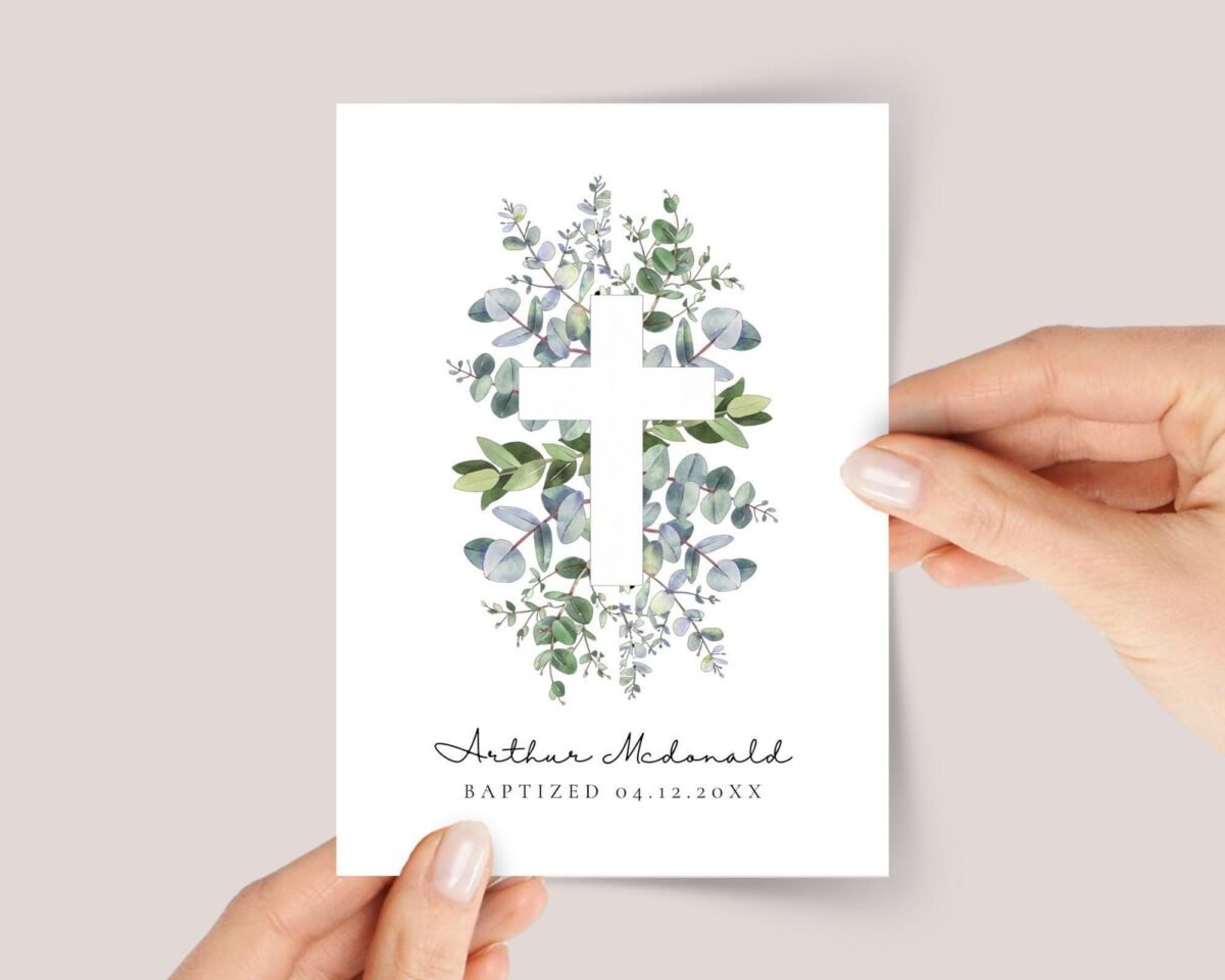 Personalized Baptism Card with White Cross and Eucalyptus